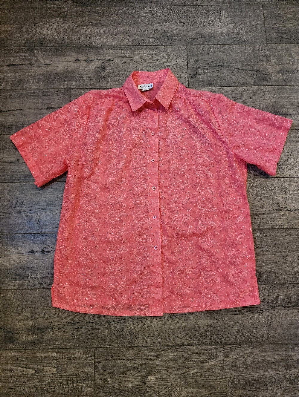 All Hours Women's Button Down Size Large Short Sleeve Pink Blouse Sheer Sparkle
